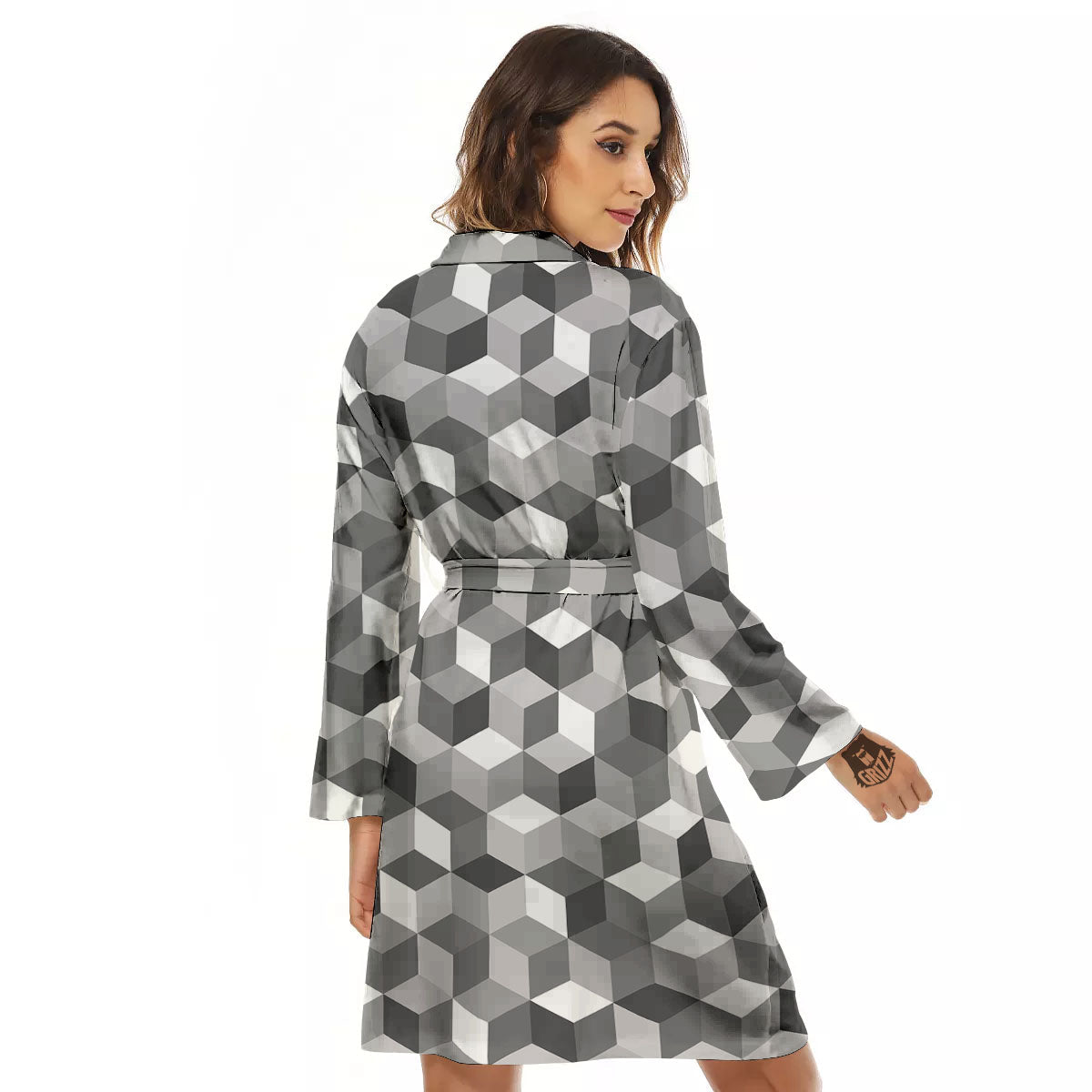 Cube Shape Grey Geometric Print Pattern Women's Robe-grizzshop