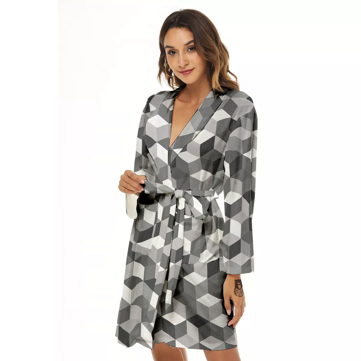 Cube Shape Grey Geometric Print Pattern Women's Robe-grizzshop