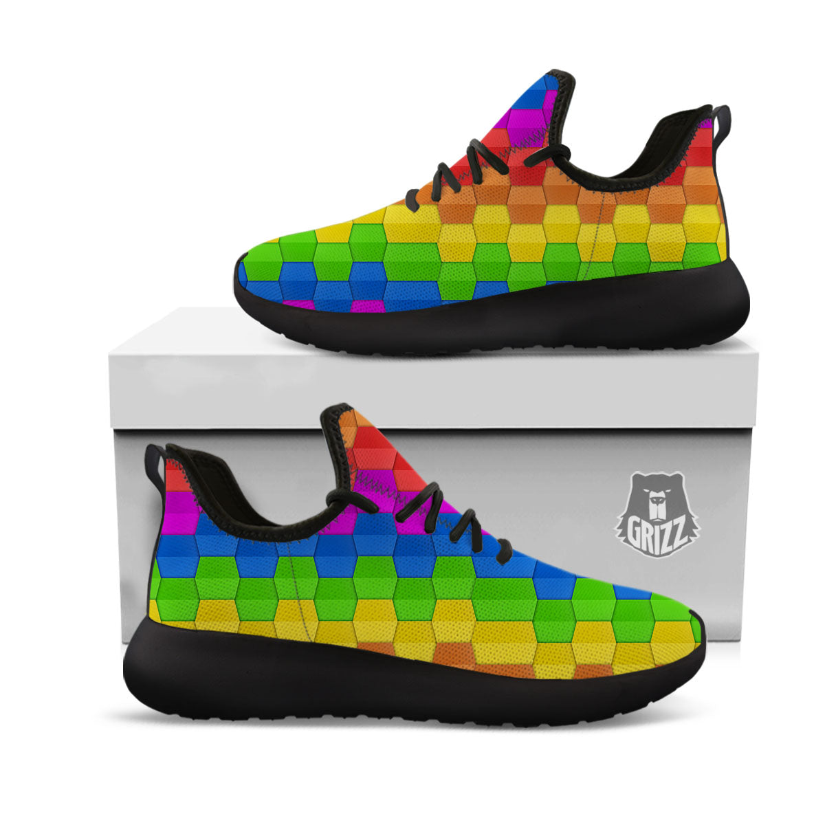 Cubes Rainbow Print Pattern Black Athletic Shoes-grizzshop