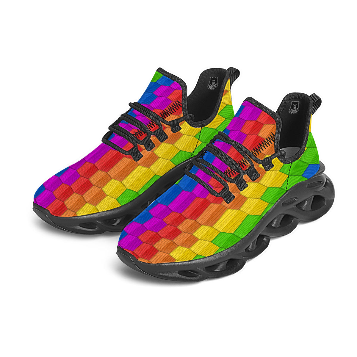 Cubes Rainbow Print Pattern Black Running Shoes-grizzshop