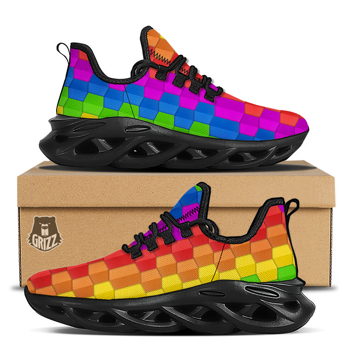 Cubes Rainbow Print Pattern Black Running Shoes-grizzshop