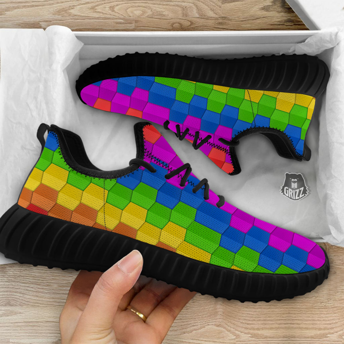Cubes Rainbow Print Pattern Black Walking Shoes-grizzshop