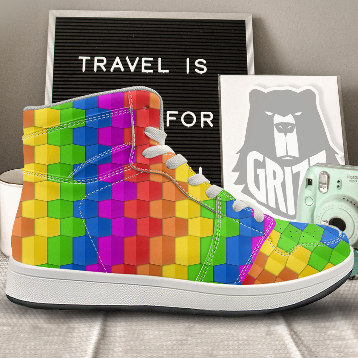 Cubes Rainbow Print Pattern High Top Sneakers-grizzshop