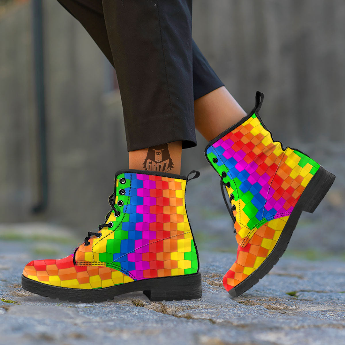 Cubes Rainbow Print Pattern Leather Boots-grizzshop