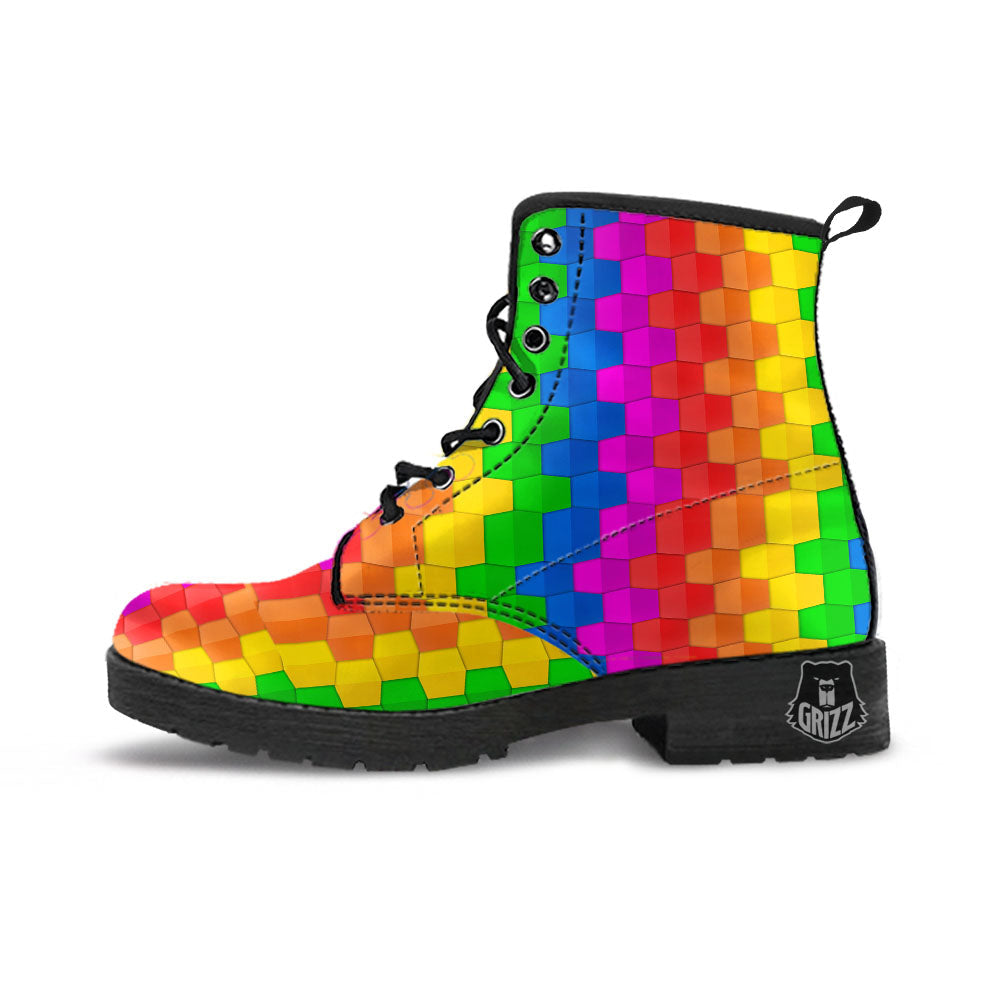 Cubes Rainbow Print Pattern Leather Boots-grizzshop