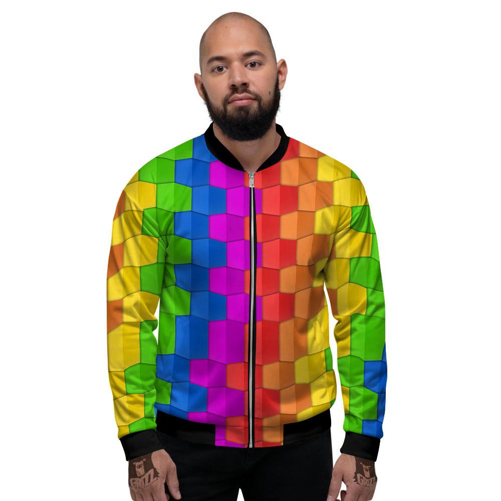 Cubes Rainbow Print Pattern Men's Bomber Jacket-grizzshop