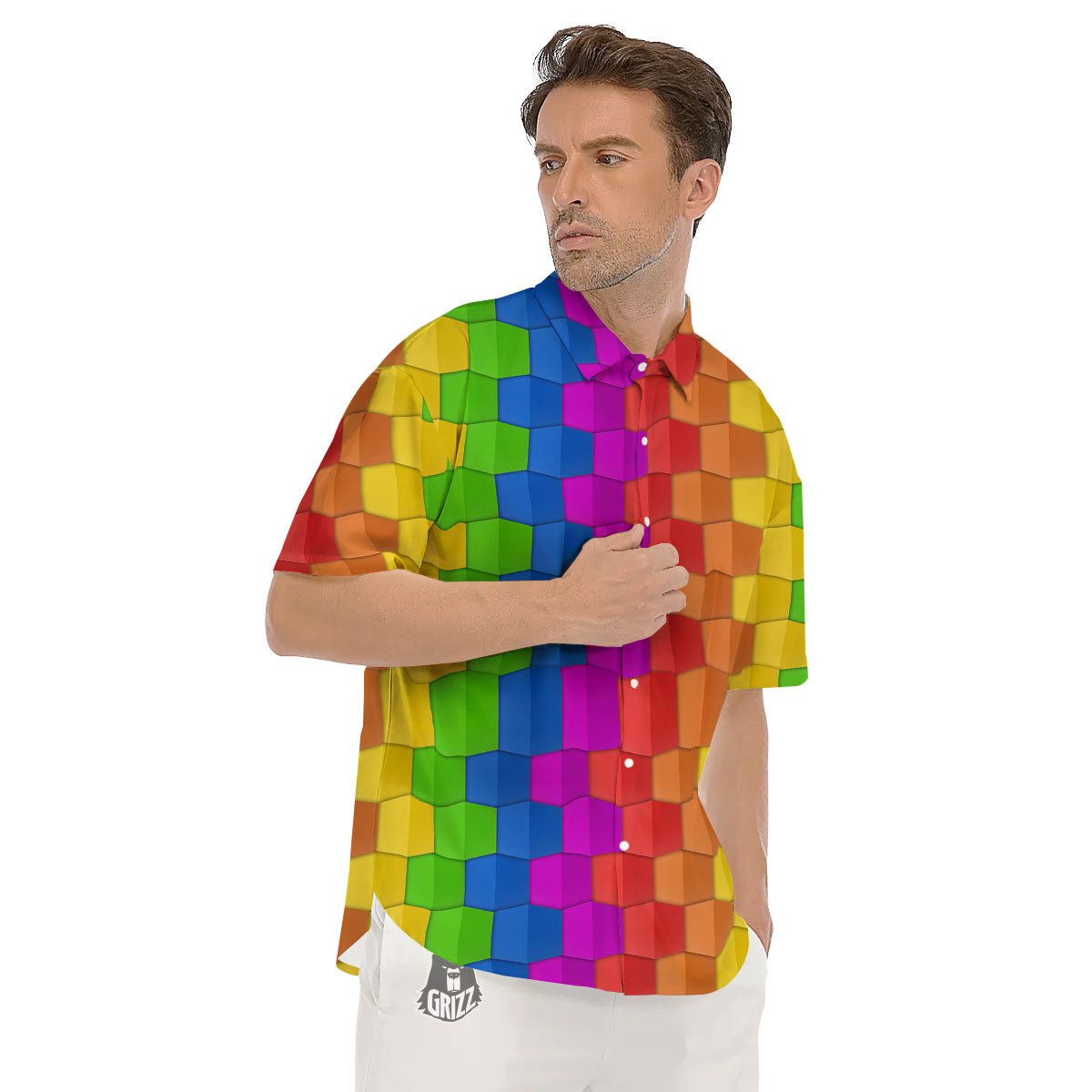 Cubes Rainbow Print Pattern Men's Short Sleeve Shirts-grizzshop