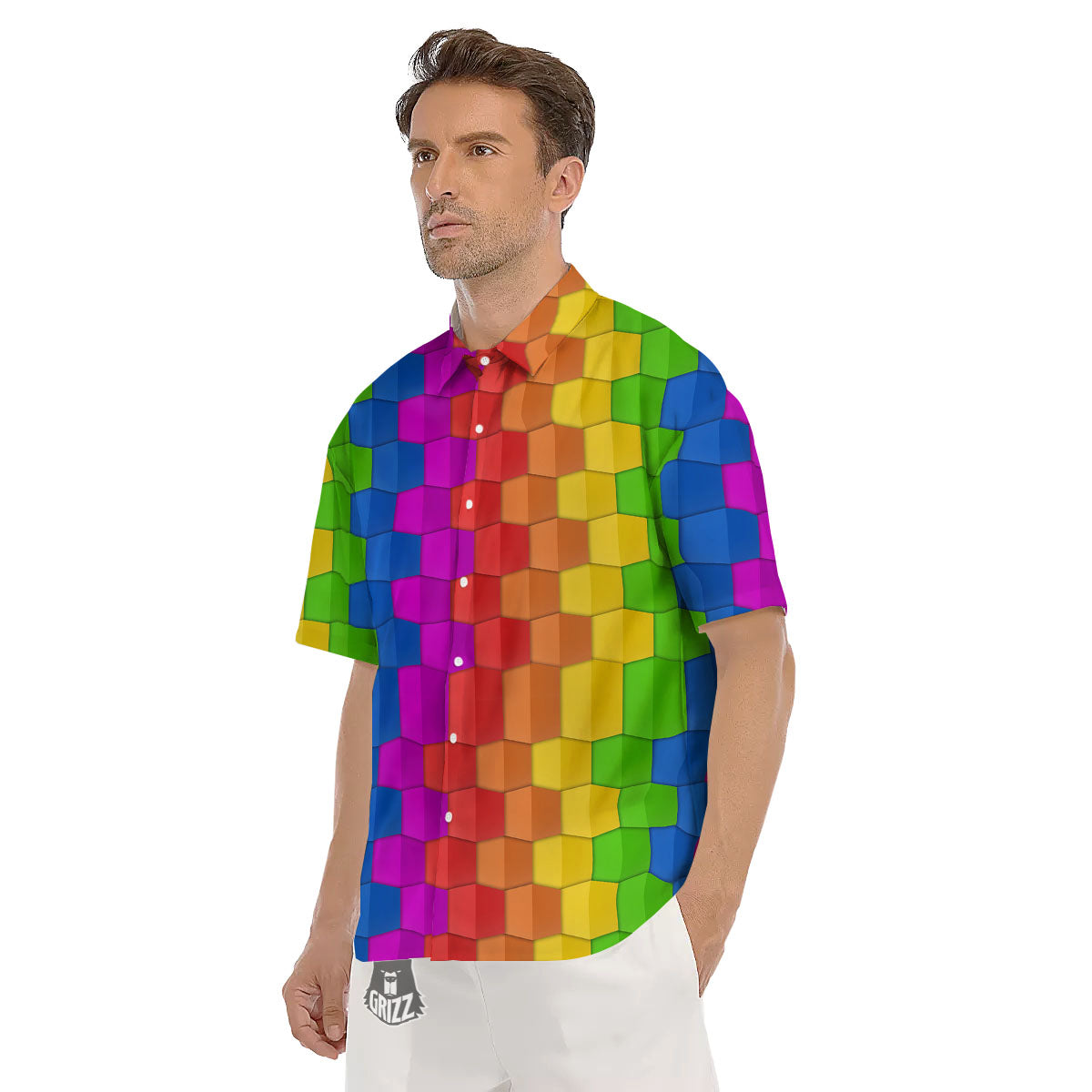 Cubes Rainbow Print Pattern Men's Short Sleeve Shirts-grizzshop