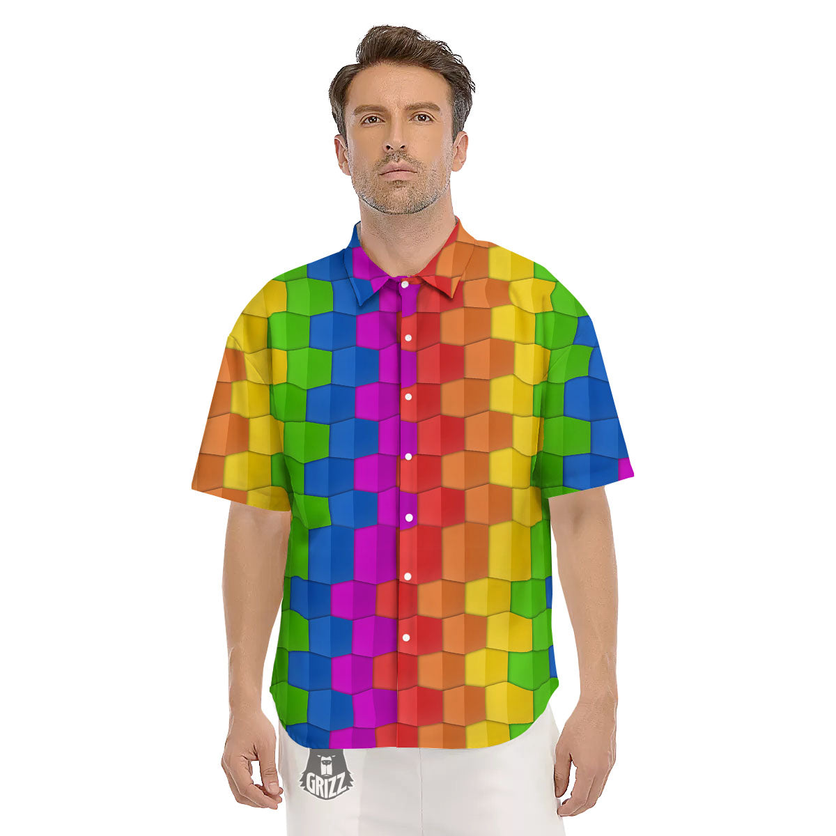 Cubes Rainbow Print Pattern Men's Short Sleeve Shirts-grizzshop