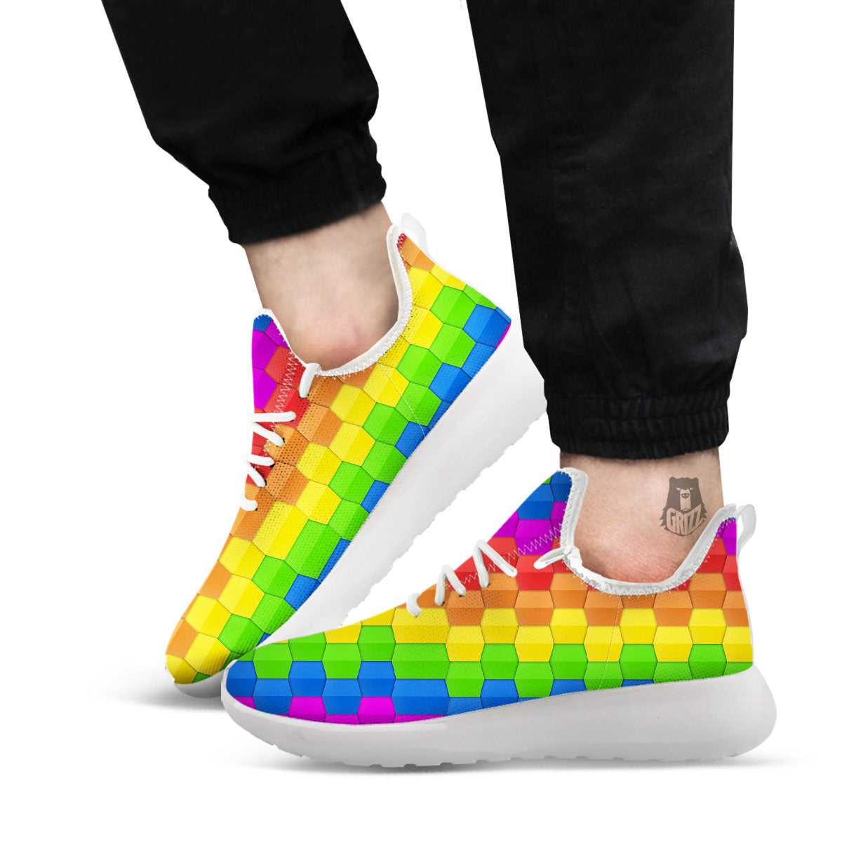 Cubes Rainbow Print Pattern White Athletic Shoes-grizzshop