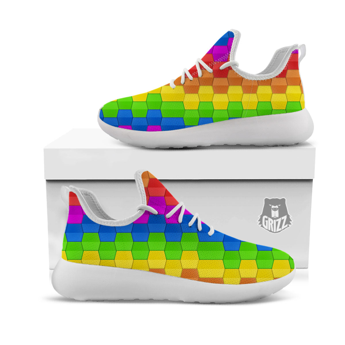 Cubes Rainbow Print Pattern White Athletic Shoes-grizzshop