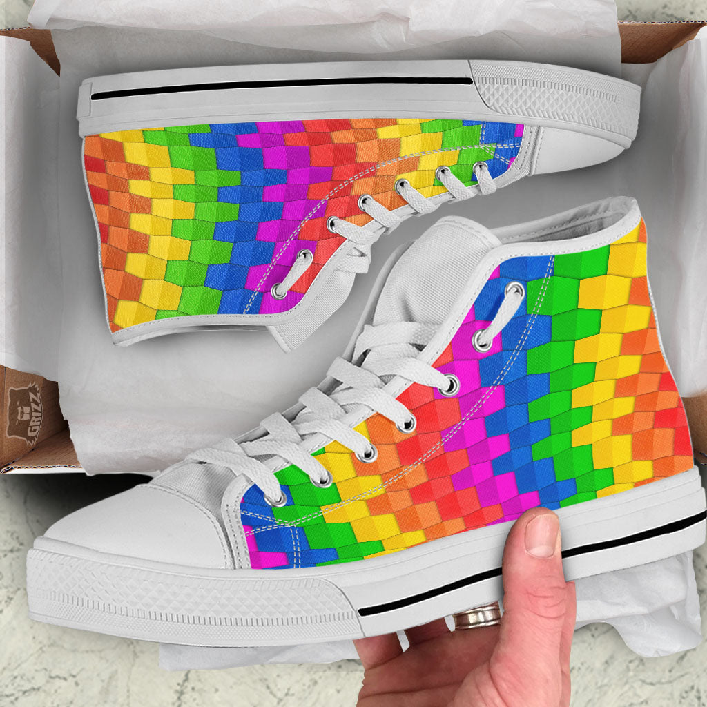 Cubes Rainbow Print Pattern White High Top Shoes-grizzshop