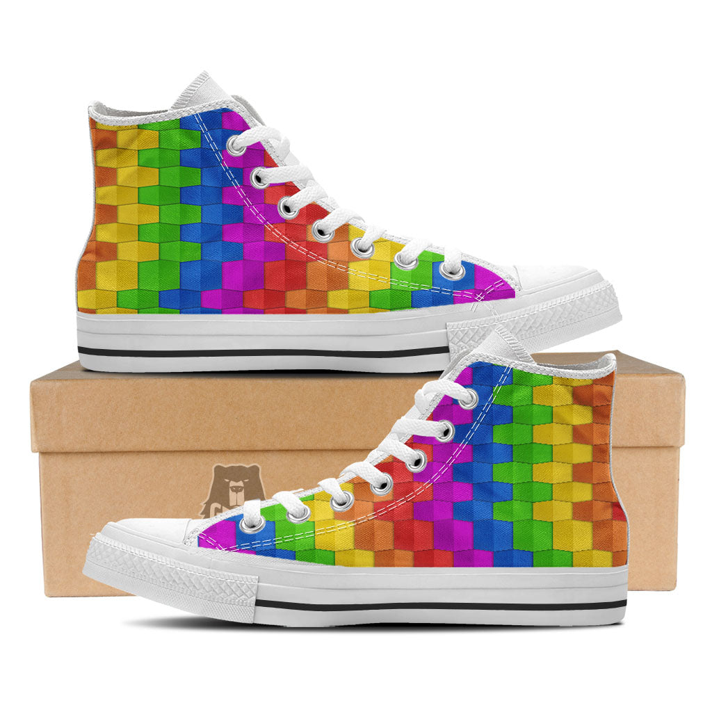 Cubes Rainbow Print Pattern White High Top Shoes-grizzshop
