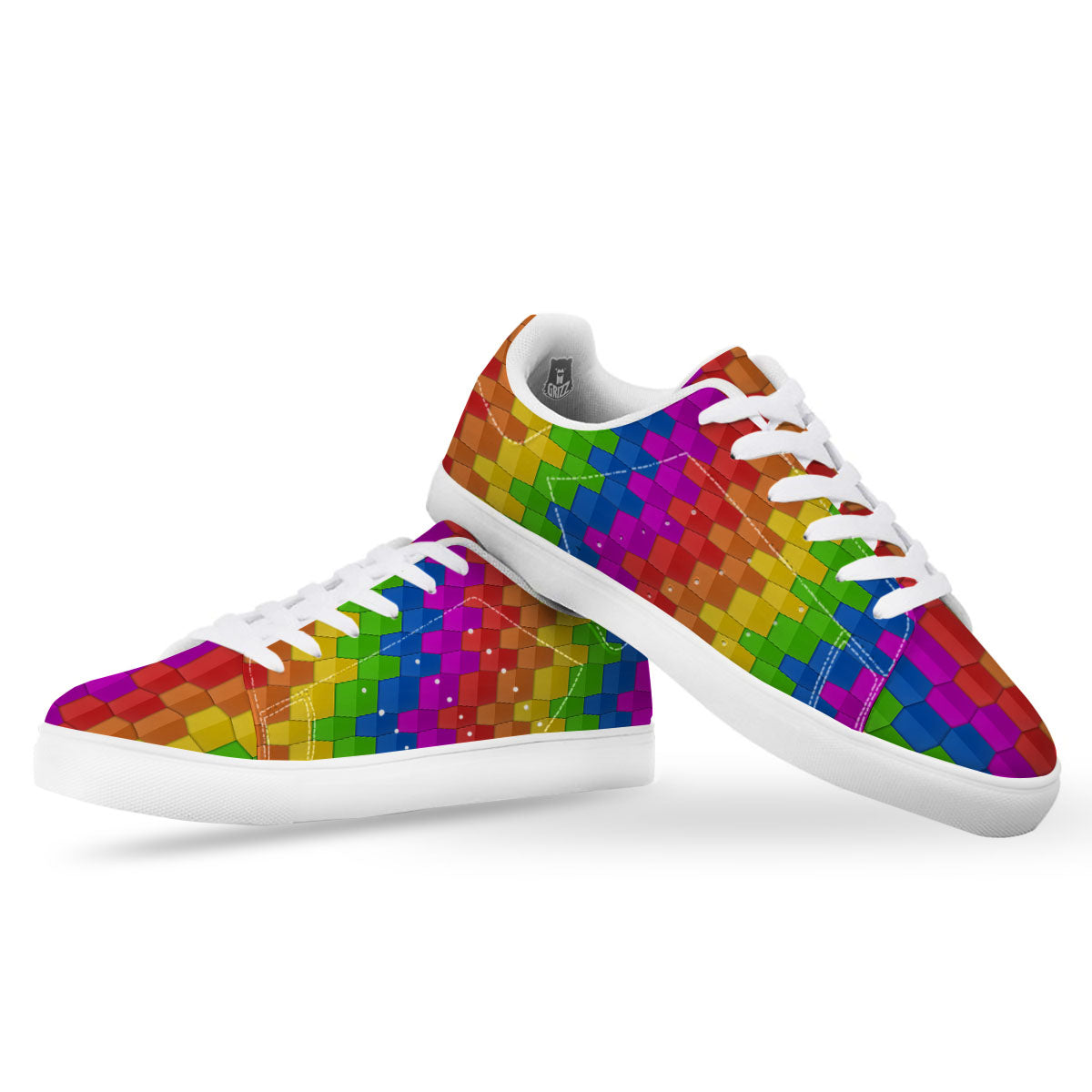 Cubes Rainbow Print Pattern White Low Top Sneakers-grizzshop