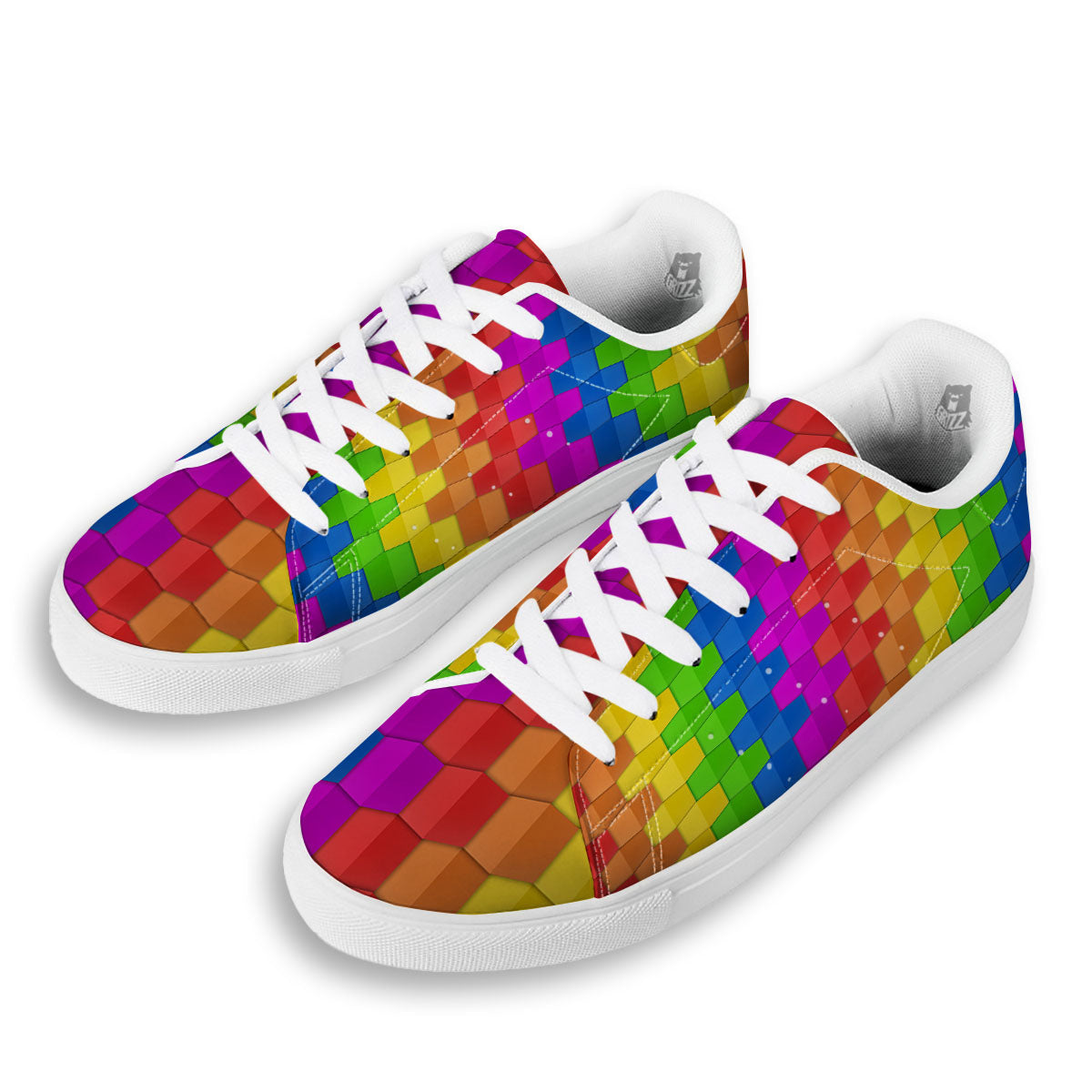 Cubes Rainbow Print Pattern White Low Top Sneakers-grizzshop