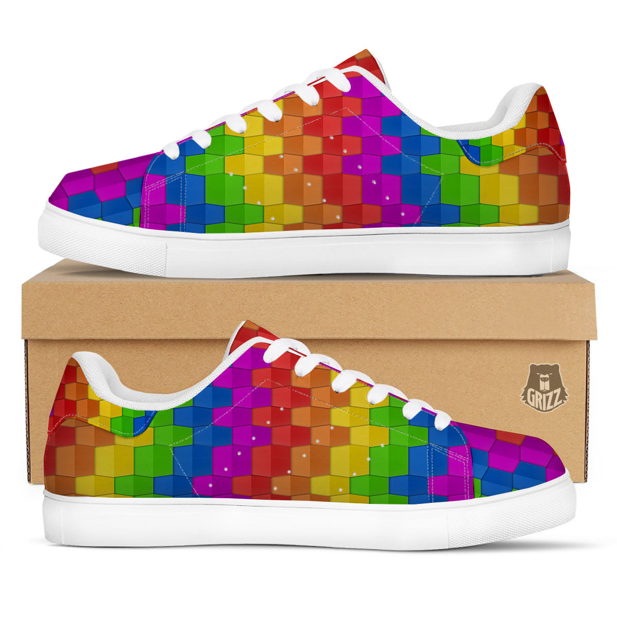 Cubes Rainbow Print Pattern White Low Top Sneakers-grizzshop