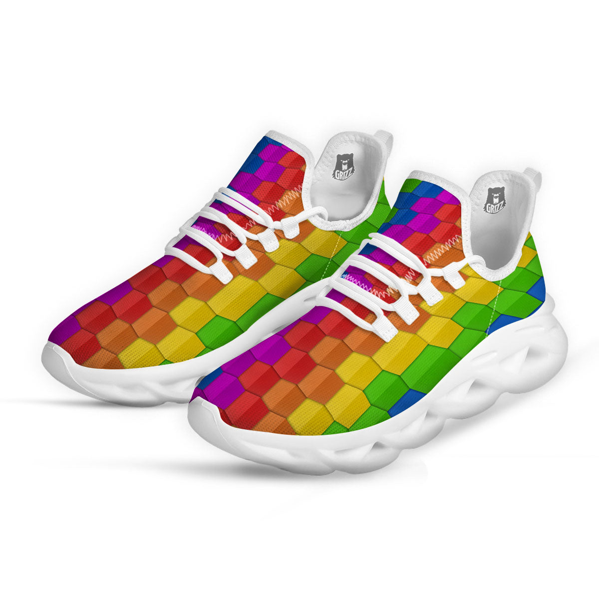 Cubes Rainbow Print Pattern White Running Shoes-grizzshop