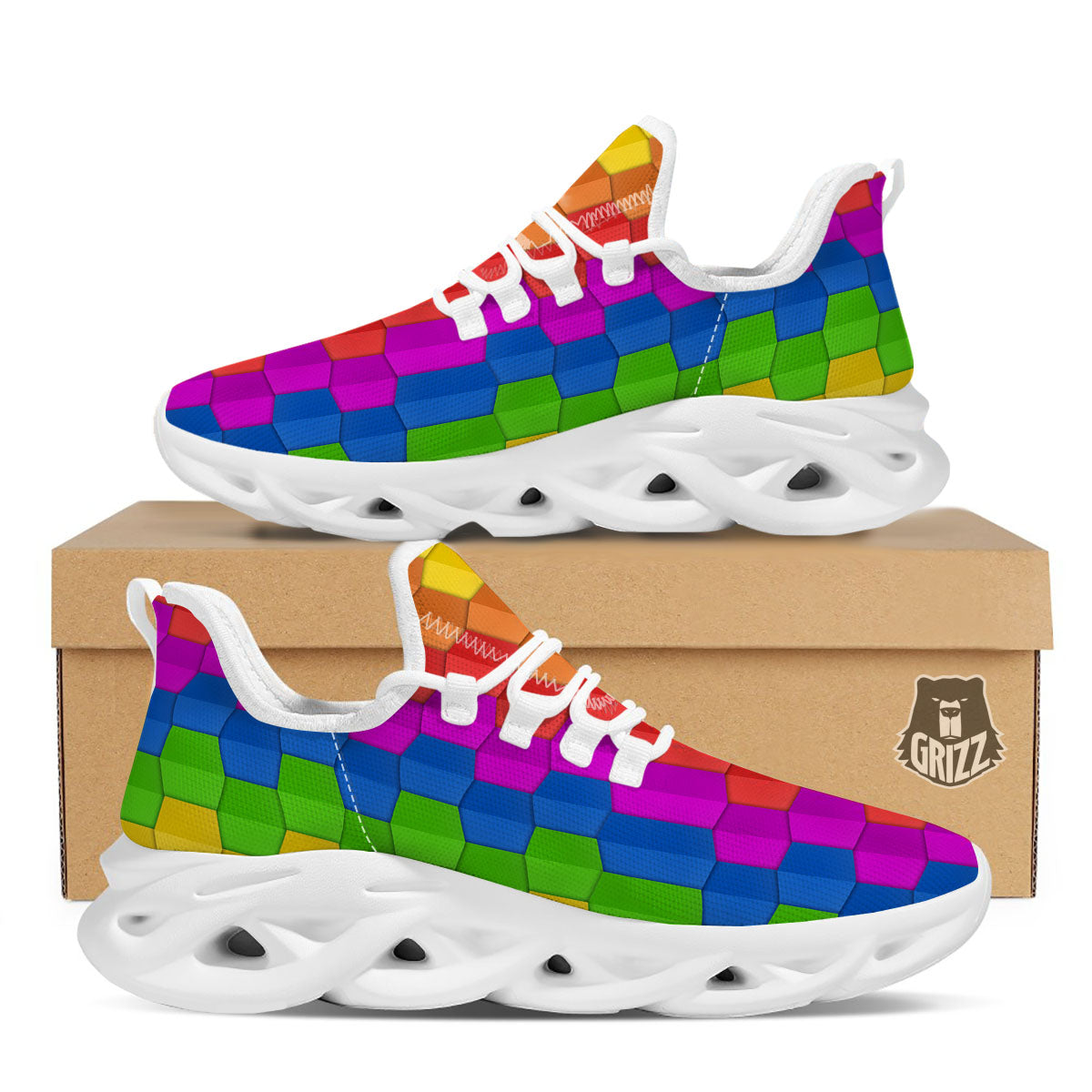 Cubes Rainbow Print Pattern White Running Shoes-grizzshop