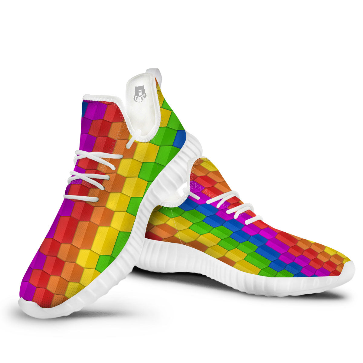 Cubes Rainbow Print Pattern White Walking Shoes-grizzshop