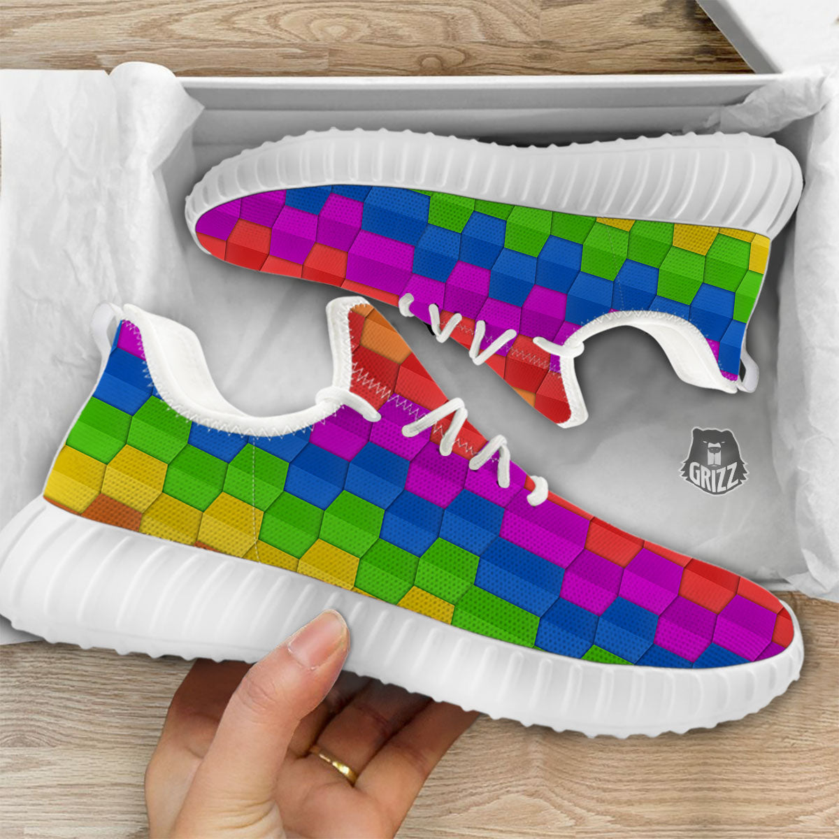 Cubes Rainbow Print Pattern White Walking Shoes-grizzshop