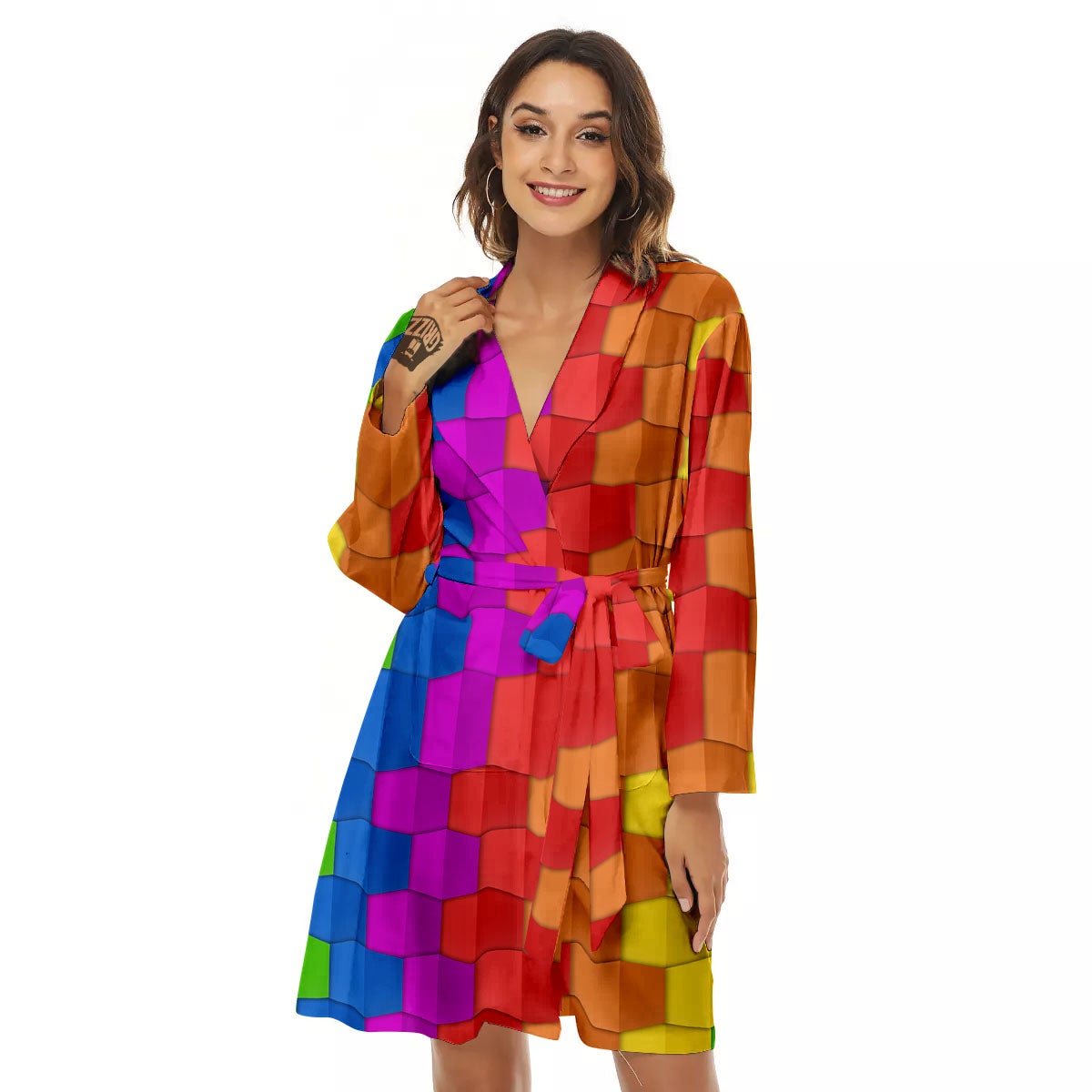 Cubes Rainbow Print Pattern Women's Robe-grizzshop