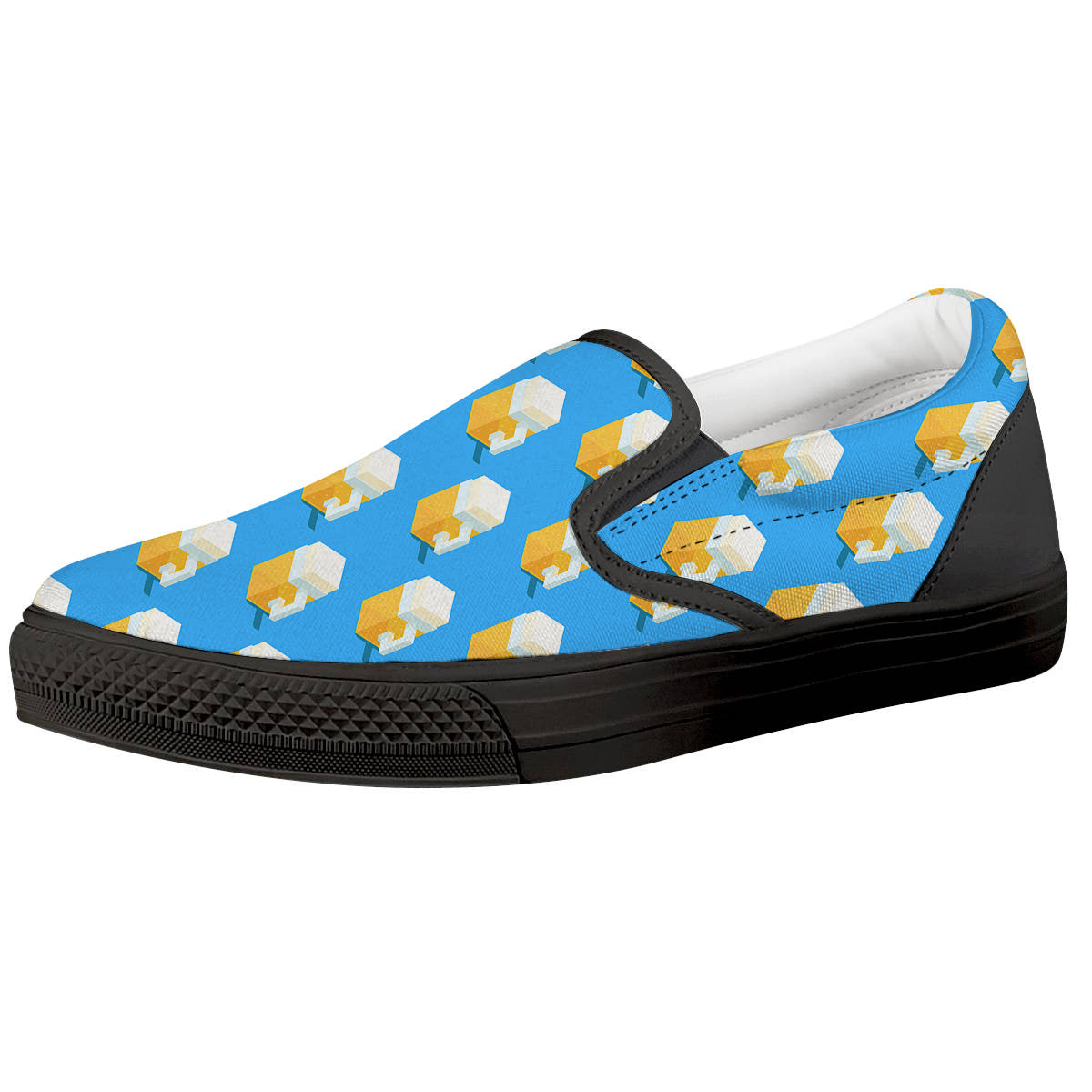 Cubic Beer Mugs On Blue Print Pattern Black Slip On Shoes-grizzshop