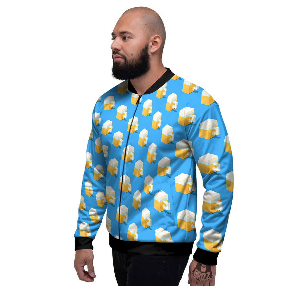 Cubic Beer Mugs On Blue Print Pattern Men's Bomber Jacket-grizzshop