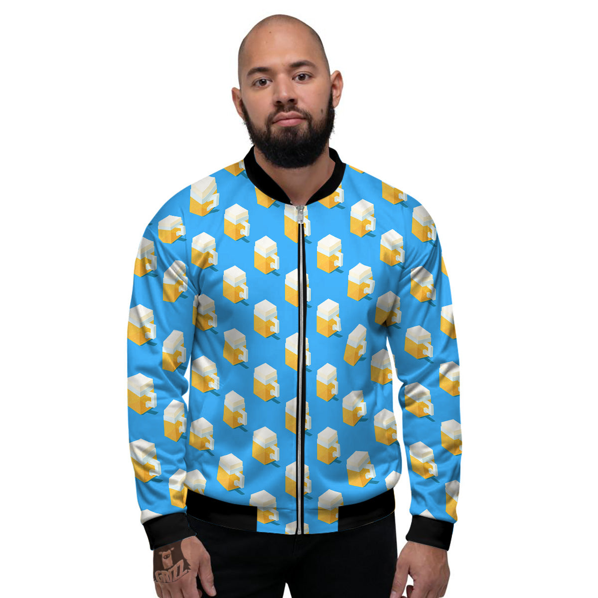 Cubic Beer Mugs On Blue Print Pattern Men's Bomber Jacket-grizzshop