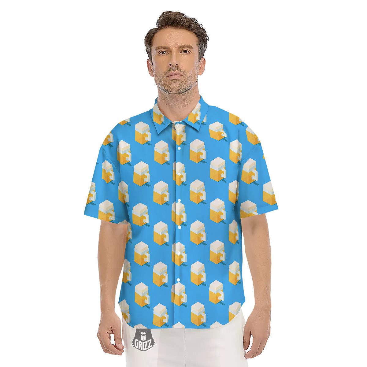 Cubic Beer Mugs On Blue Print Pattern Men's Short Sleeve Shirts-grizzshop