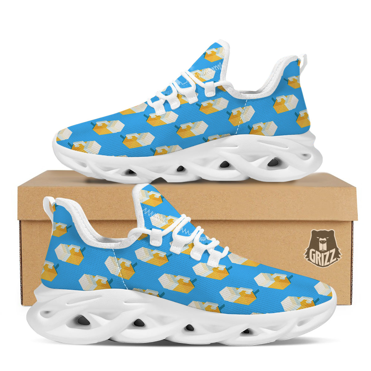 Cubic Beer Mugs On Blue Print Pattern White Running Shoes-grizzshop
