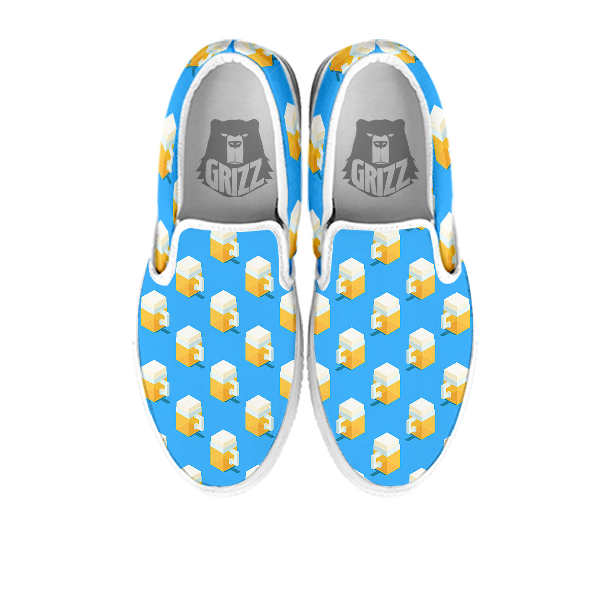 Cubic Beer Mugs On Blue Print Pattern White Slip On Shoes-grizzshop