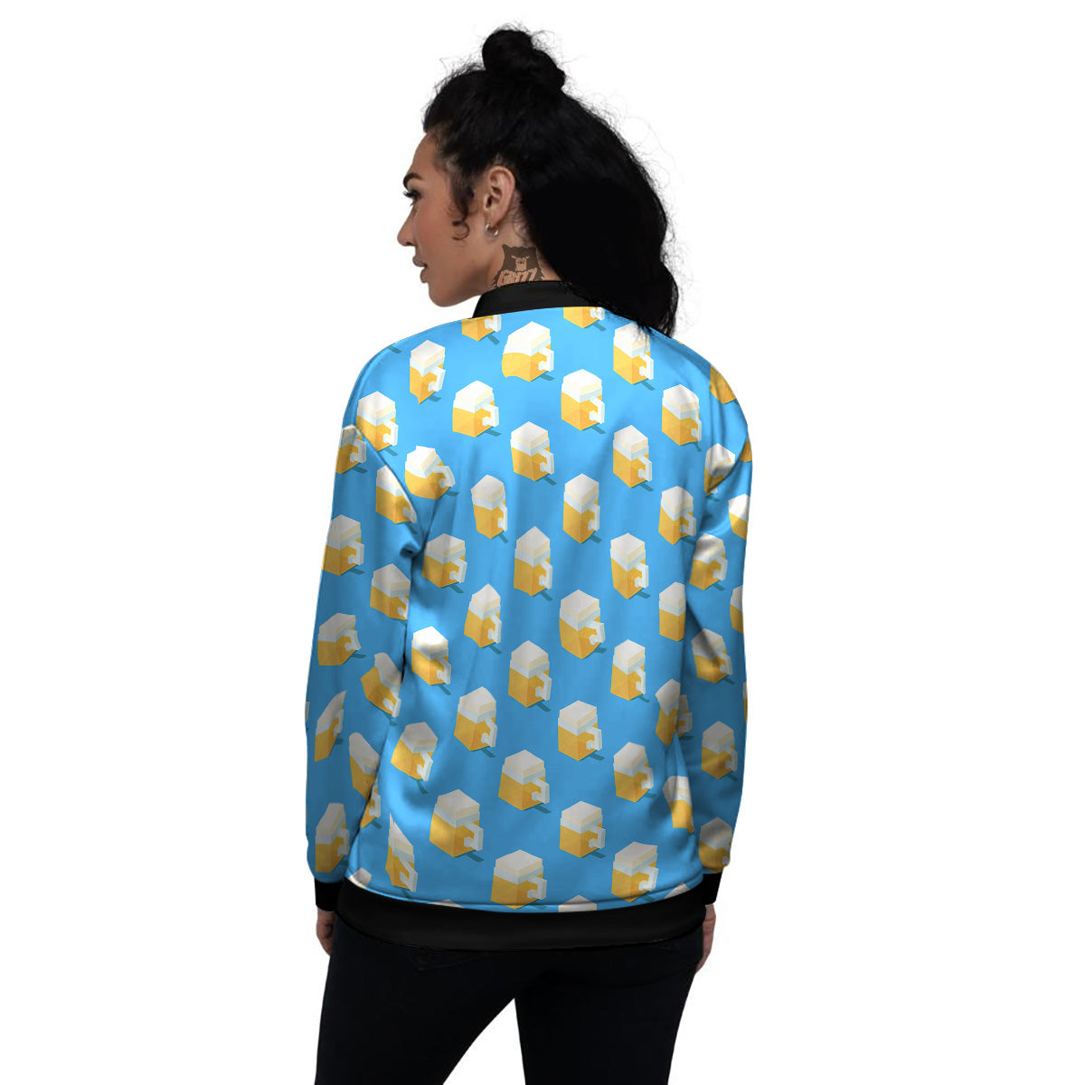 Cubic Beer Mugs On Blue Print Pattern Women's Bomber Jacket-grizzshop