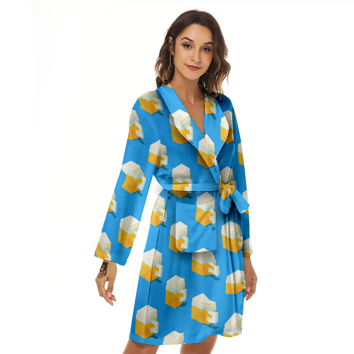 Cubic Beer Mugs On Blue Print Pattern Women's Robe-grizzshop