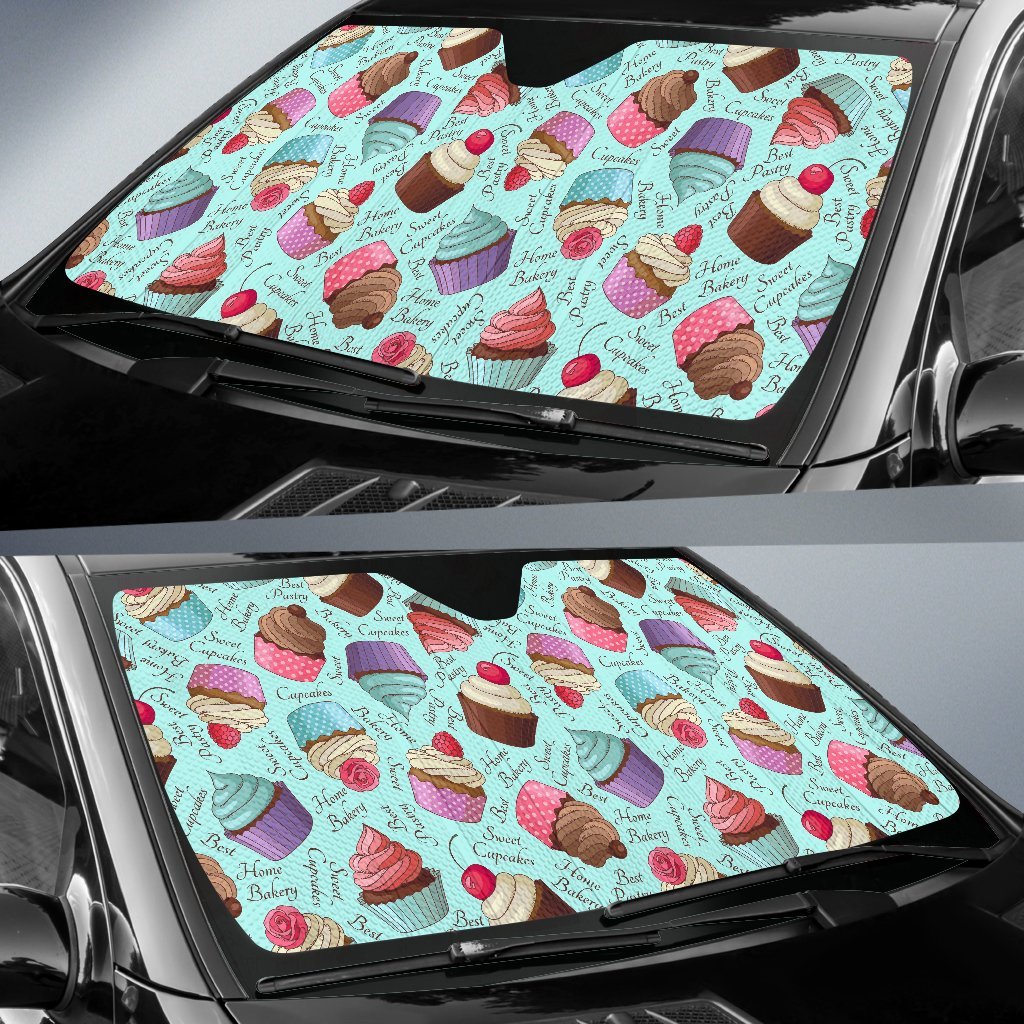 Cupcake Blue Pattern Print Car Sun Shade-grizzshop