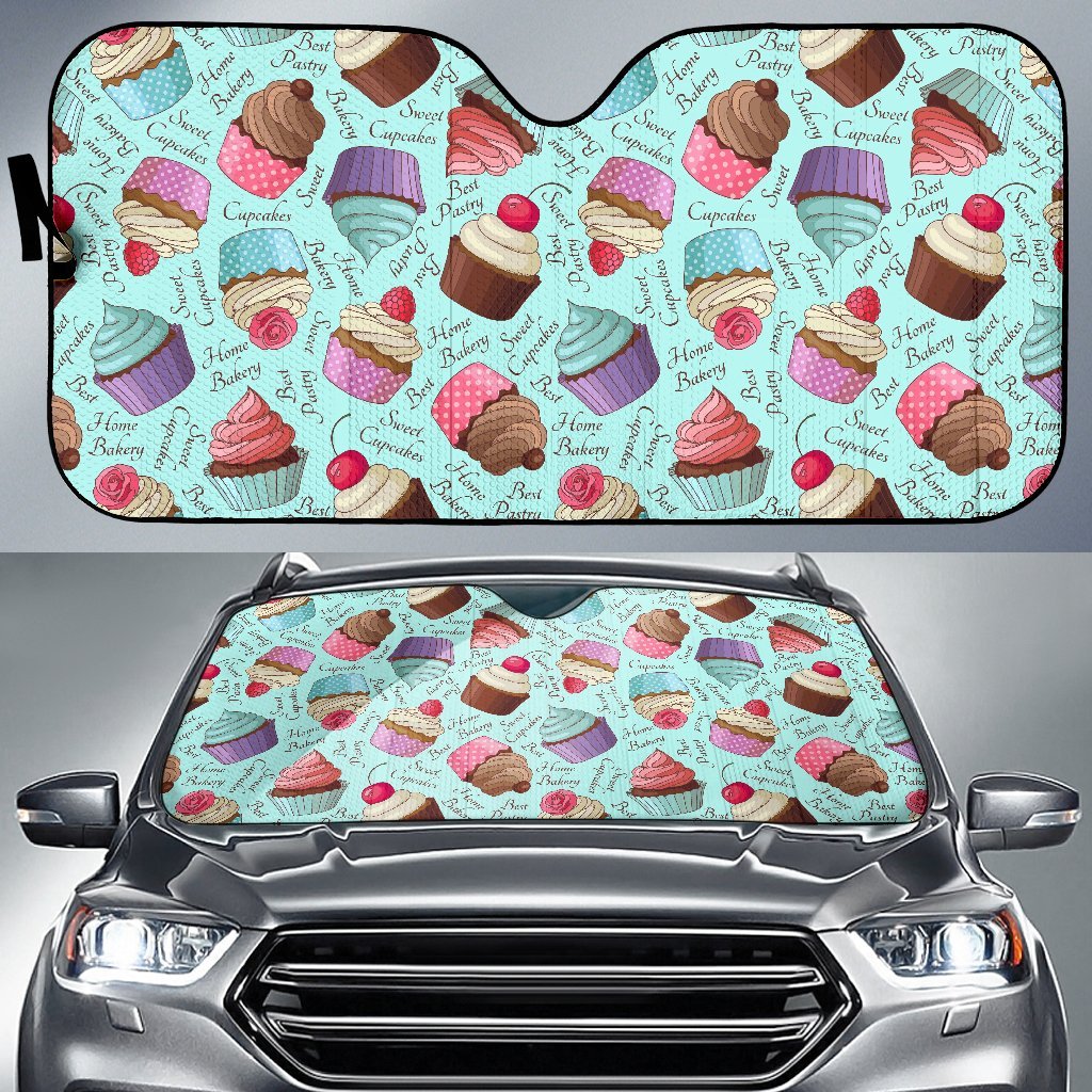 Cupcake Blue Pattern Print Car Sun Shade-grizzshop