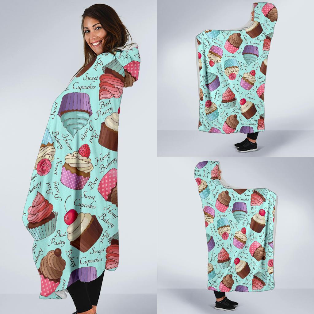 Cupcake Blue Pattern Print Hooded Blanket-grizzshop