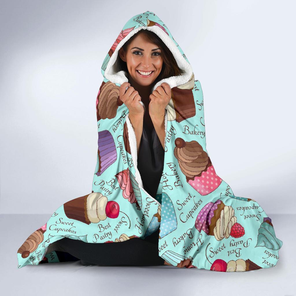 Cupcake Blue Pattern Print Hooded Blanket-grizzshop