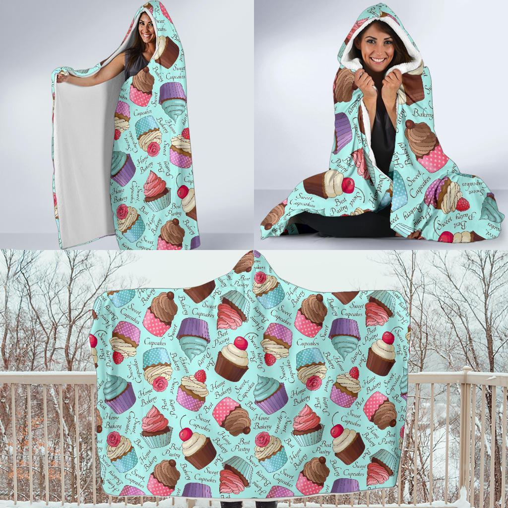 Cupcake Blue Pattern Print Hooded Blanket-grizzshop