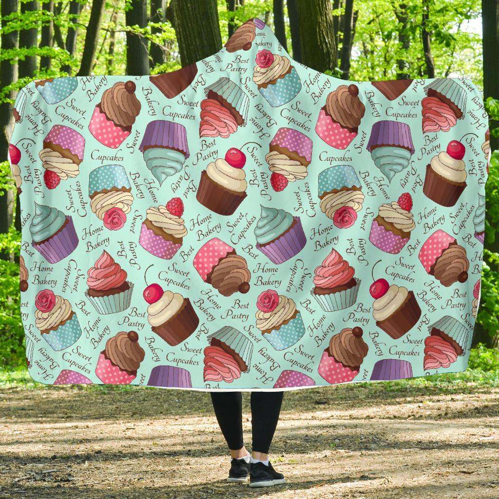 Cupcake Blue Pattern Print Hooded Blanket-grizzshop