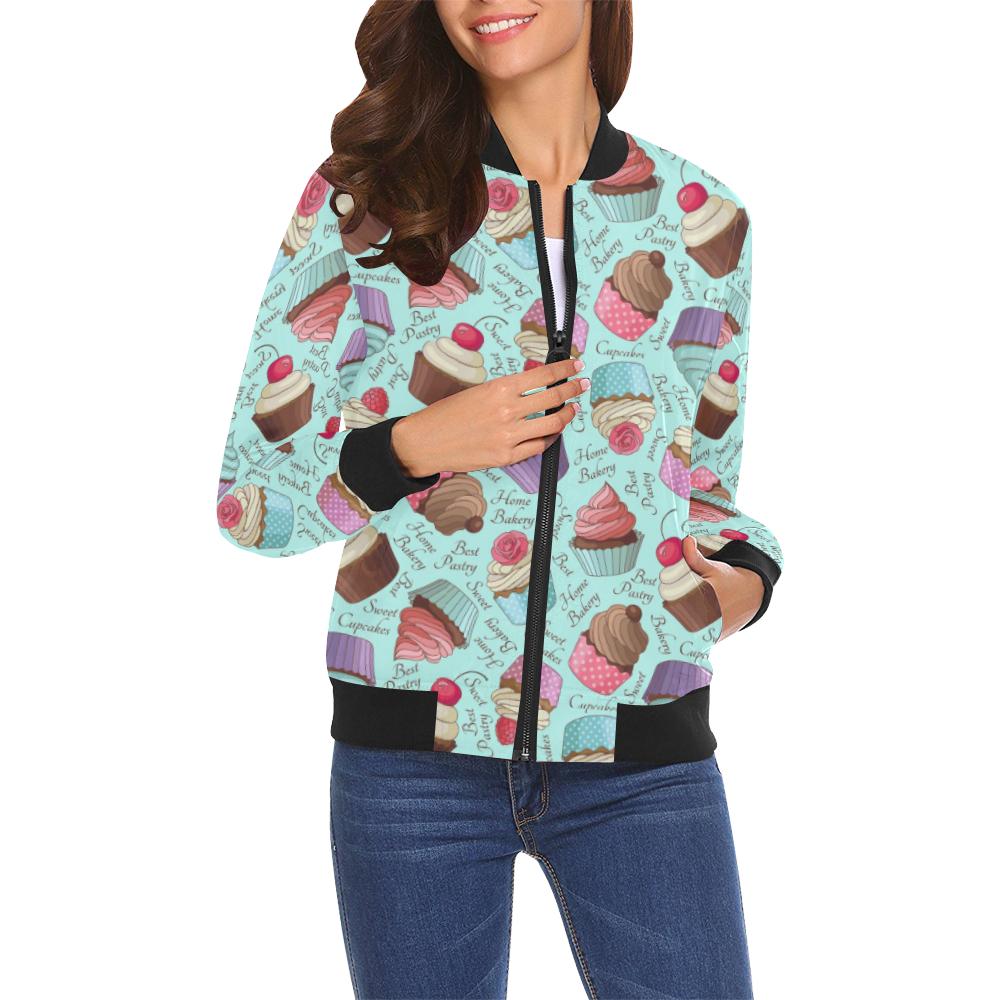 Cupcake Blue Pattern Print Women Casual Bomber Jacket-grizzshop