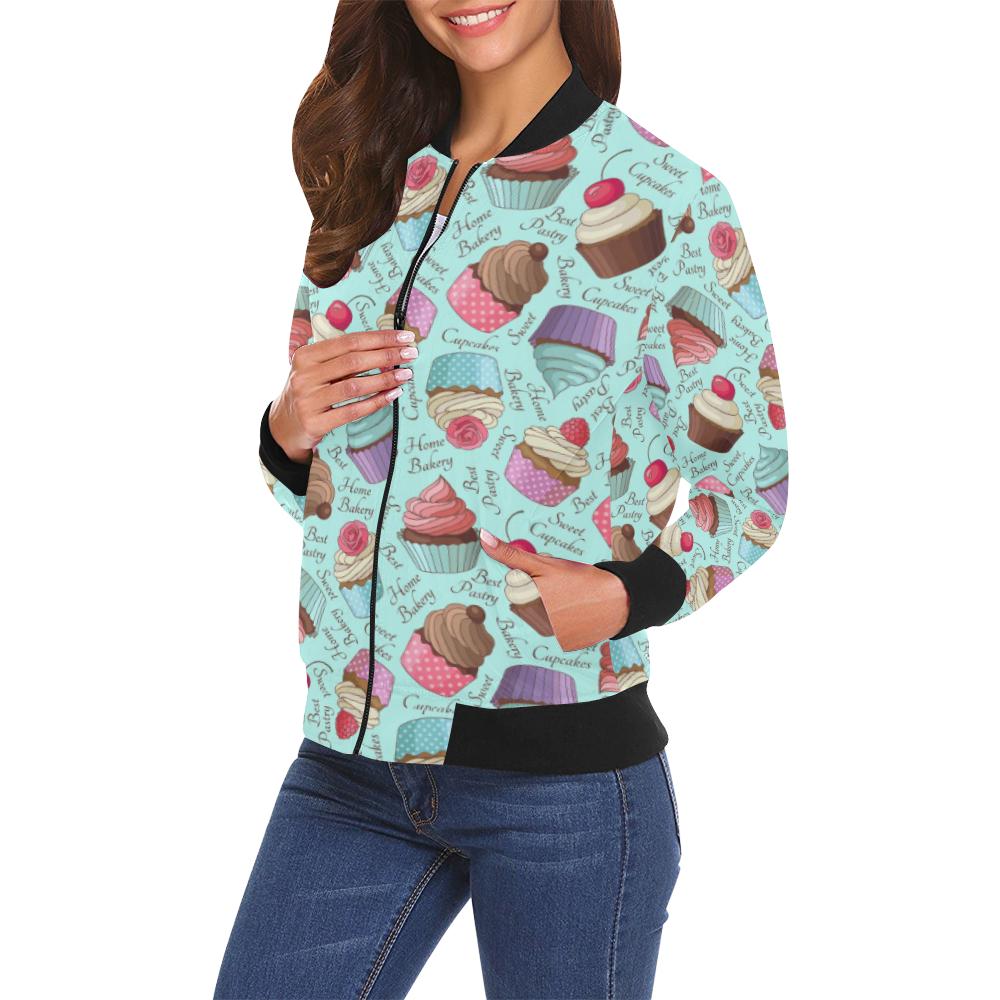 Cupcake Blue Pattern Print Women Casual Bomber Jacket-grizzshop