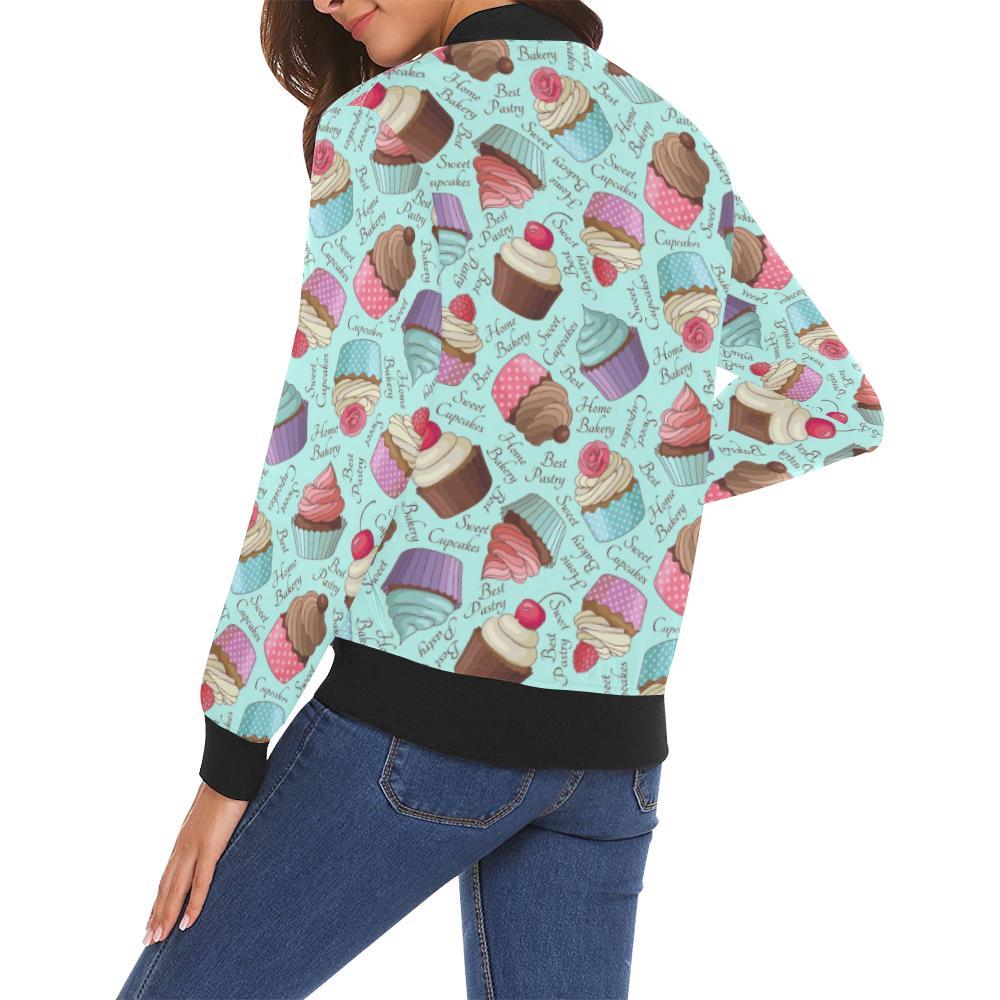 Cupcake Blue Pattern Print Women Casual Bomber Jacket-grizzshop