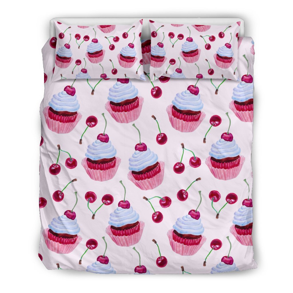 Cupcake Cherry Pattern Print Duvet Cover Bedding Set-grizzshop