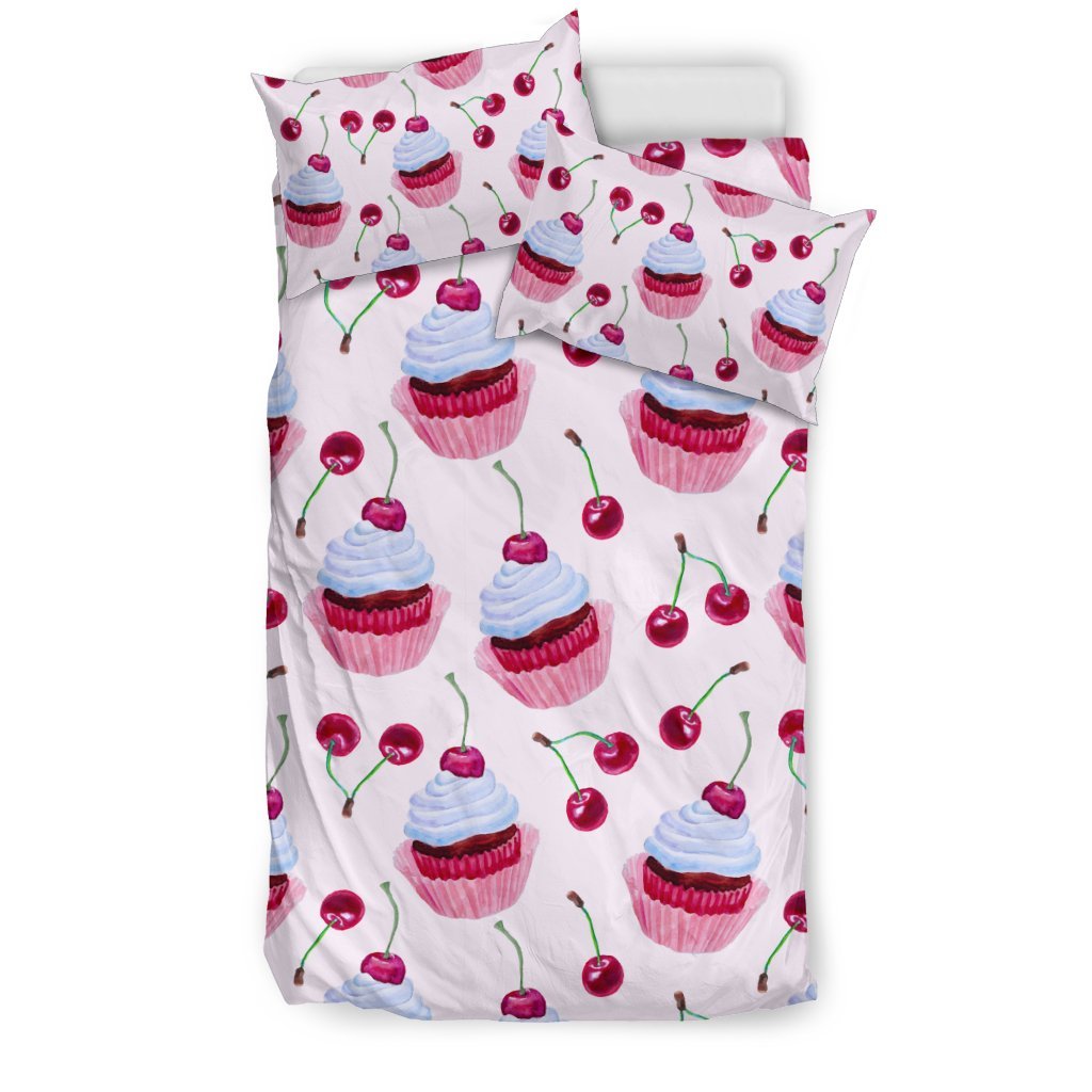 Cupcake Cherry Pattern Print Duvet Cover Bedding Set-grizzshop