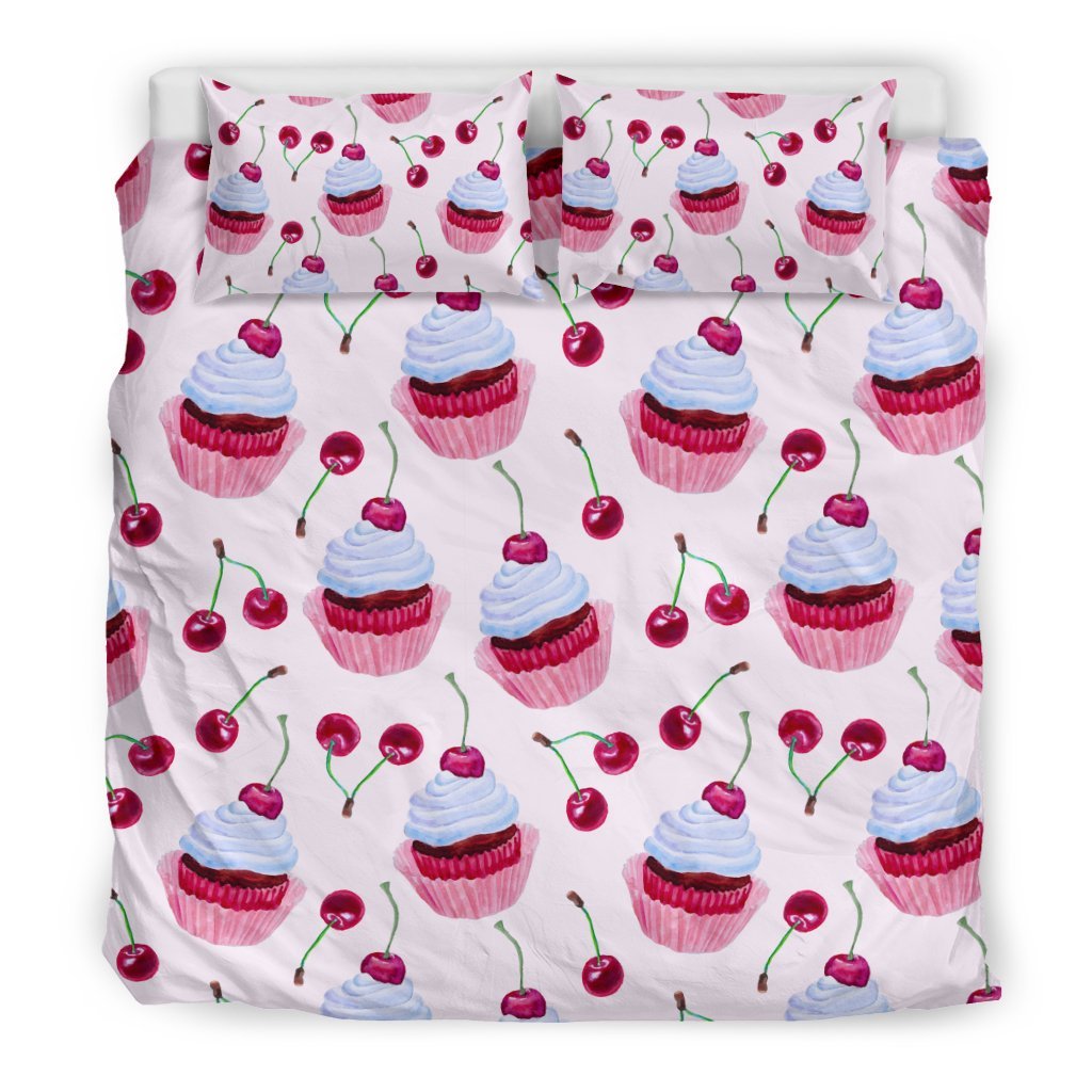 Cupcake Cherry Pattern Print Duvet Cover Bedding Set-grizzshop