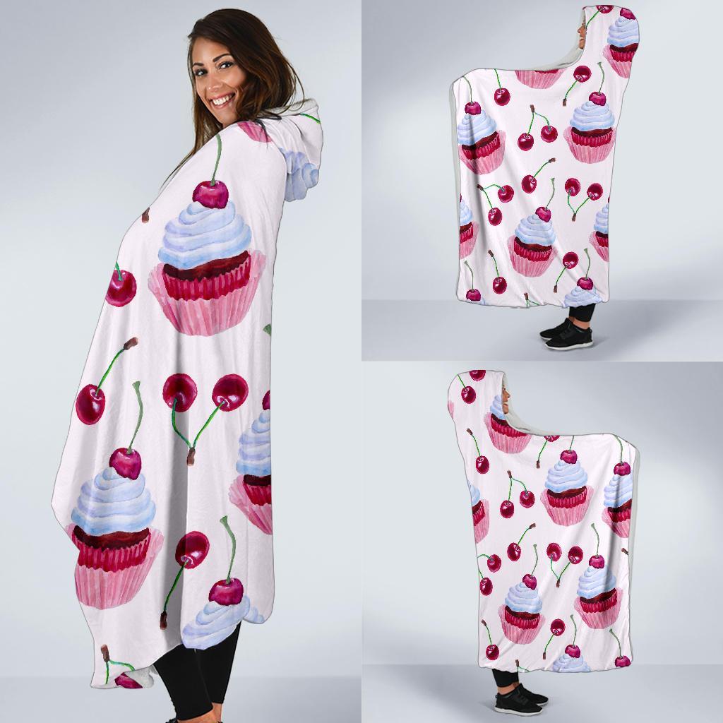 Cupcake Cherry Pattern Print Hooded Blanket-grizzshop