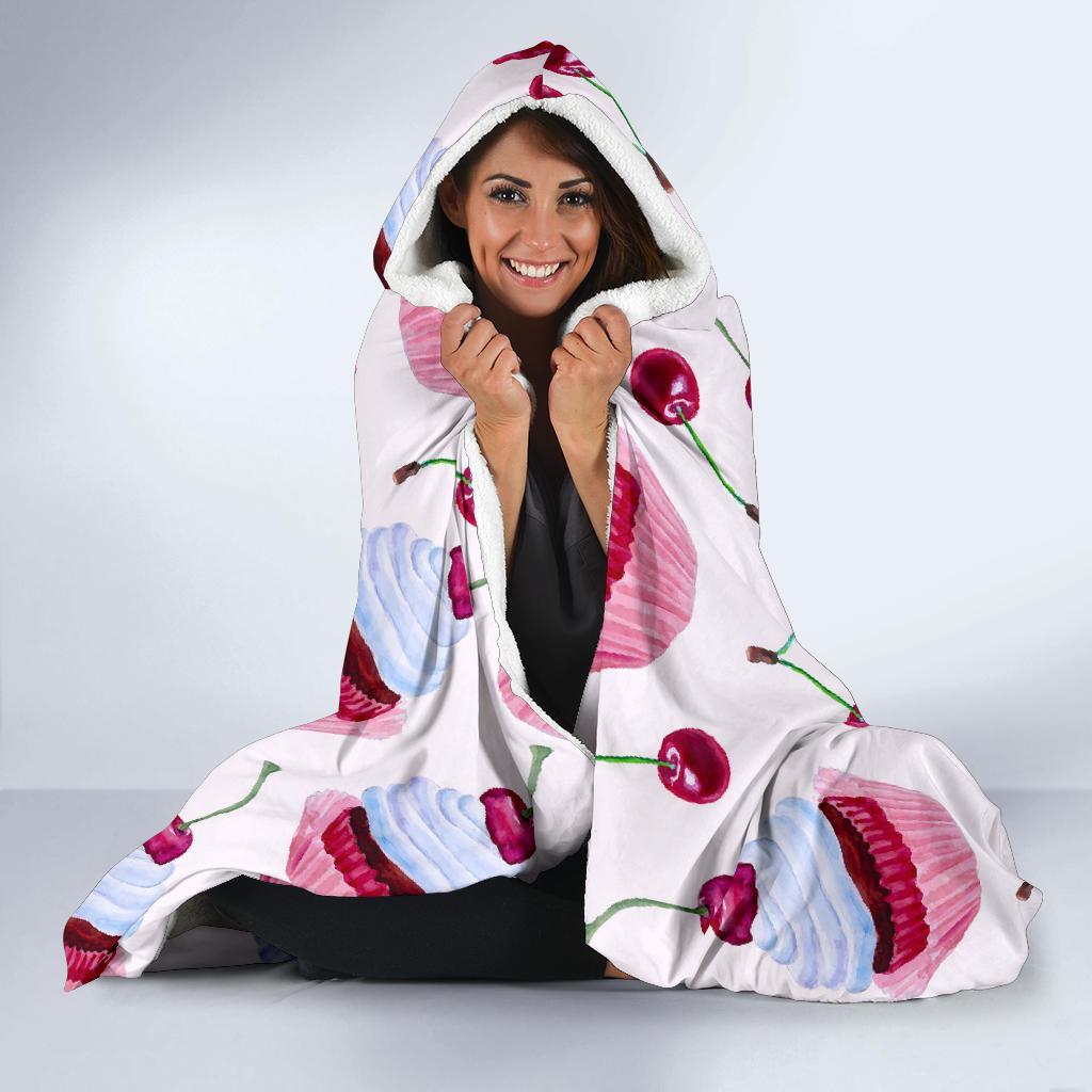 Cupcake Cherry Pattern Print Hooded Blanket-grizzshop