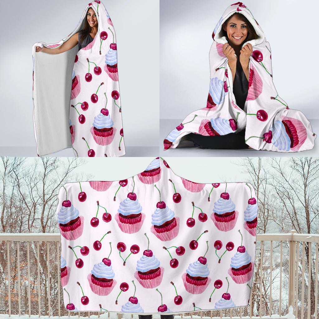 Cupcake Cherry Pattern Print Hooded Blanket-grizzshop