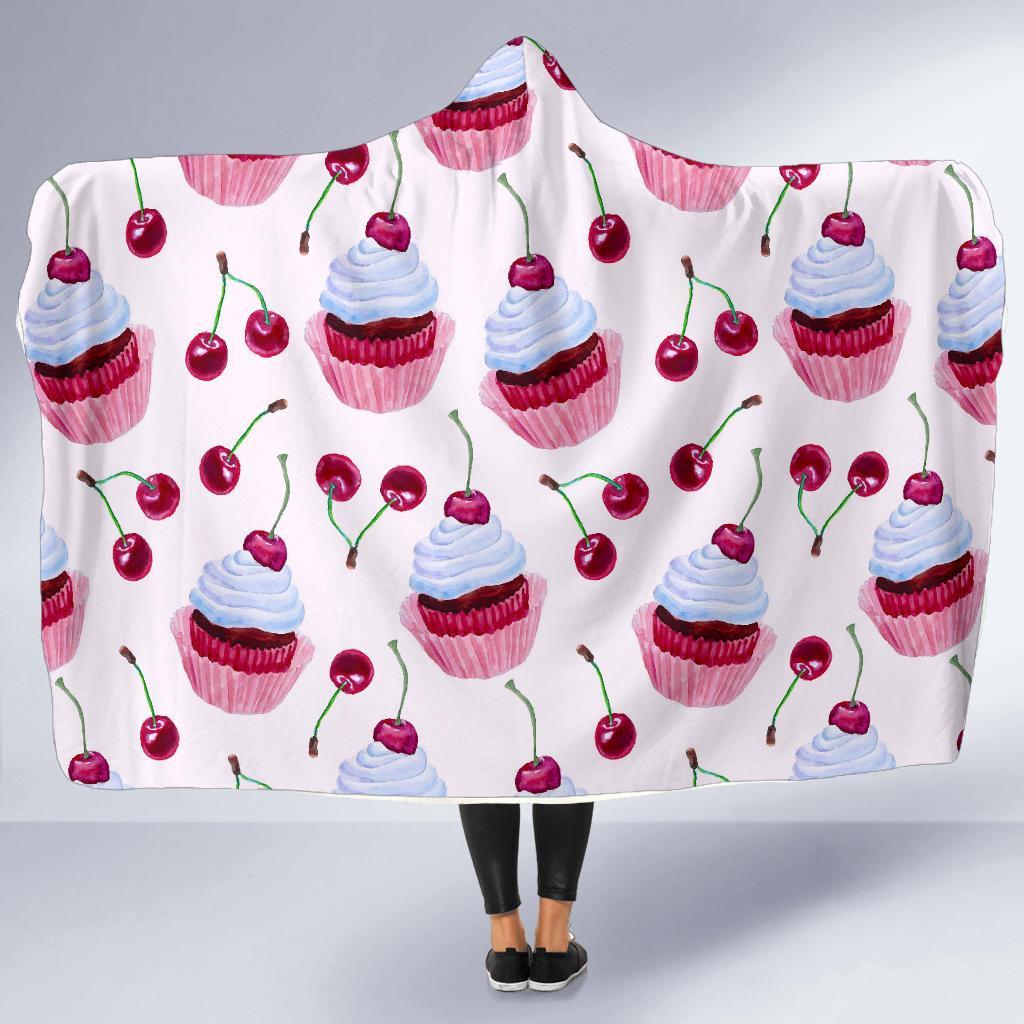 Cupcake Cherry Pattern Print Hooded Blanket-grizzshop