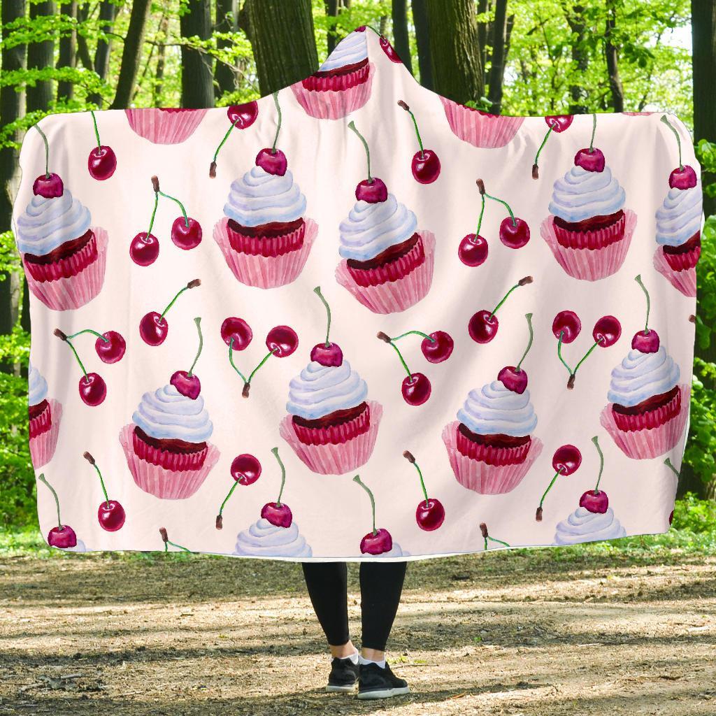 Cupcake Cherry Pattern Print Hooded Blanket-grizzshop